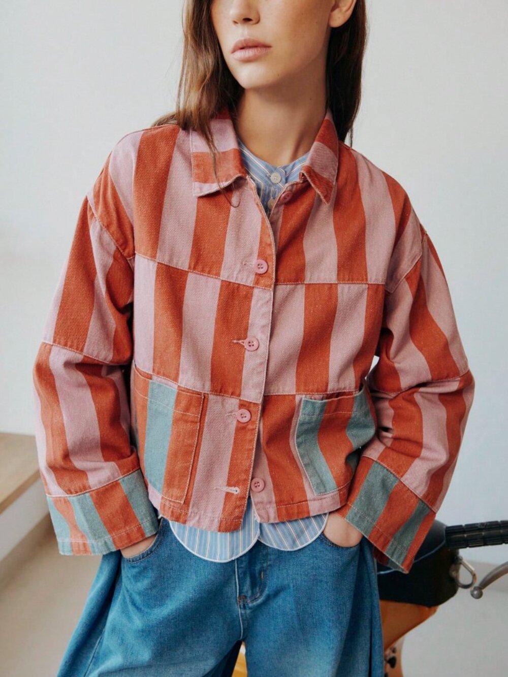 Multicolor Casual Women's Cropped Jacket with Checkered Striped Boxy Fit
